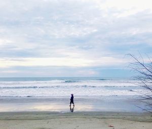 Man walking on beach against sky