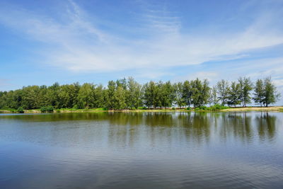 Scenic view of lake against blue sky
