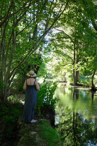 Woman standing by trees and river in forest