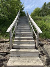 Empty wooden footbridge along trees