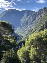 High angle view of trees and mountains against sky