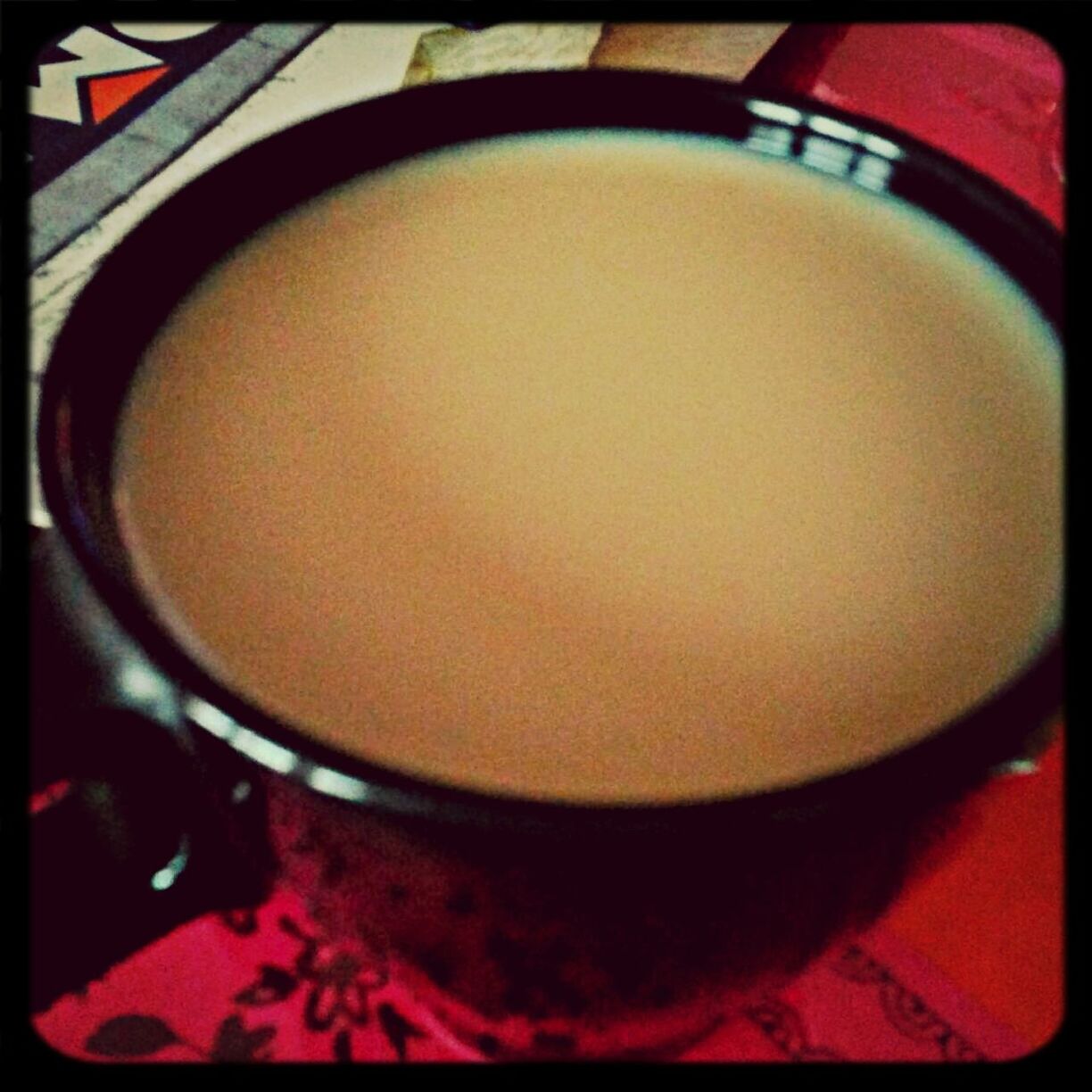 indoors, transfer print, close-up, auto post production filter, still life, table, selective focus, no people, focus on foreground, high angle view, home interior, coffee cup, detail, red, part of, food and drink, bowl, technology, coffee, drink