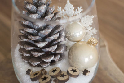High angle view of eggs in plate on table