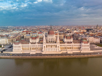 Breathtaking drone shot of the iconic hungarian parliament building in budapest cityscape 