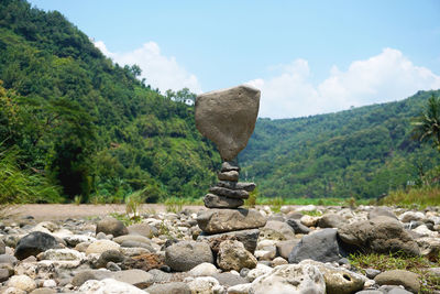 Close up of rock balancing art