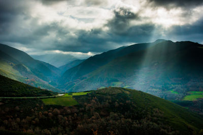 Scenic view of mountains against cloudy sky