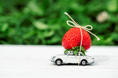 Close-up of red toy in car