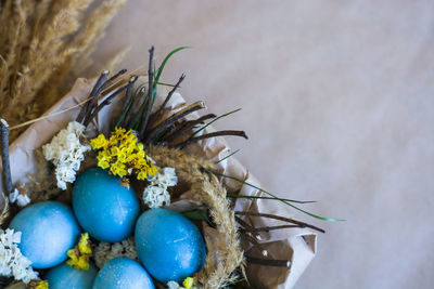 Close-up of multi colored eggs