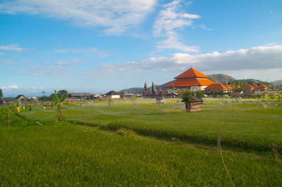 Houses on field against sky