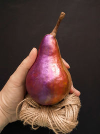 Close-up of person holding apple against black background