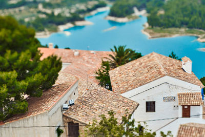 High angle view of townscape by swimming pool