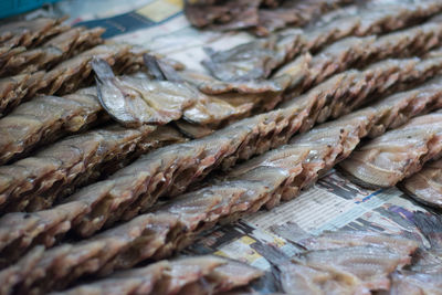 High angle view of dried seafood for sale at market