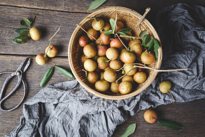 High angle view of fruits in basket on table