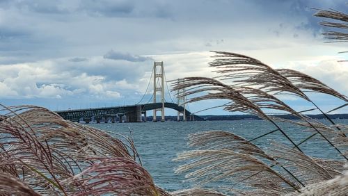 View of bridge over sea against cloudy sky