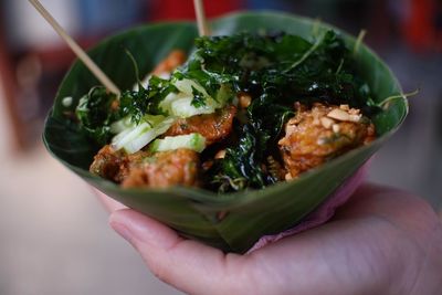 Cropped hand holding food in leaf