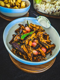 High angle view of food in bowl on table