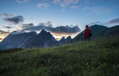 Rear view of woman standing on grassy field against mountains