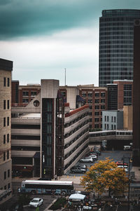 High angle view of buildings against sky