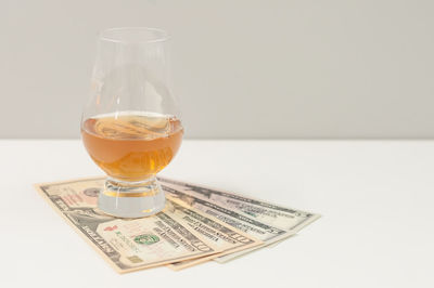 Close-up of drink on table against white background