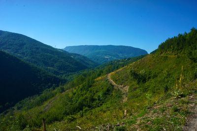 Scenic view of mountains against clear blue sky