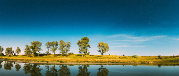 Scenic view of trees on field against blue sky