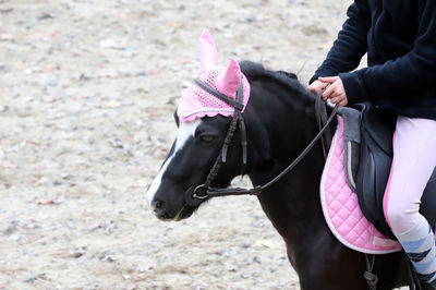 Midsection of person with pink standing outdoors