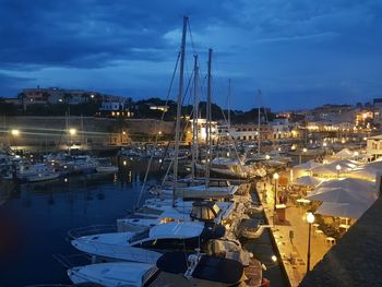 High angle view of marina at harbor against sky