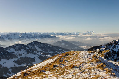 Scenic view of snowcapped mountains against sky