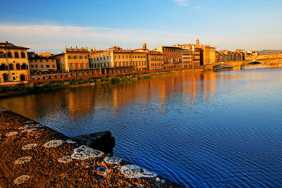 View of buildings by river against blue sky