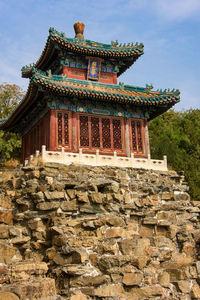 Low angle view of temple building against sky