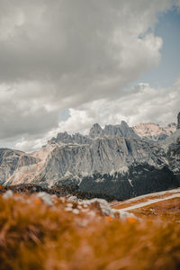 Scenic view of snowcapped mountains against sky