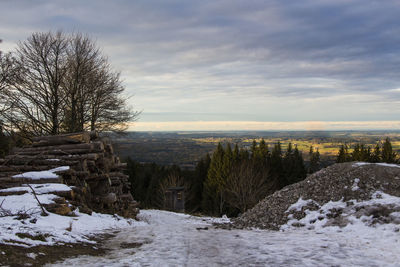 Scenic view of landscape against sky during winter