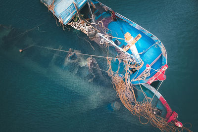 High angle view of boat fishing in sea