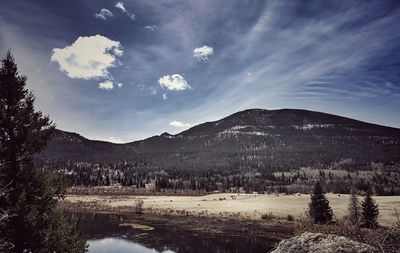 Scenic view of lake against cloudy sky