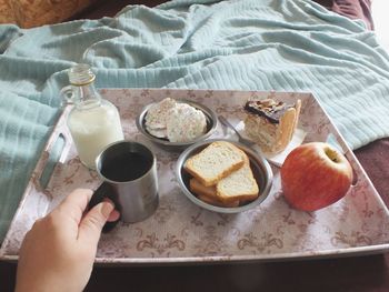 High angle view of breakfast on table