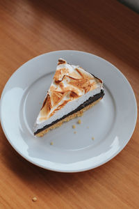 High angle view of cake in plate on table