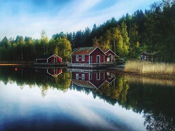 Reflection of trees and plants in lake against sky