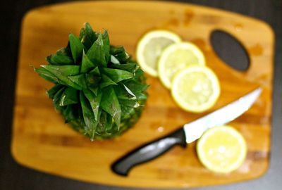 Directly above shot of pineapple and lemon slices with knife on cutting board