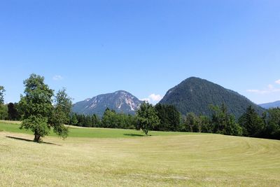 Scenic view of landscape and mountains against blue sky