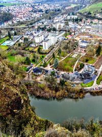 High angle view of buildings in town