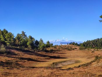 Scenic view of landscape against clear blue sky