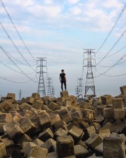 Rear view of man standing on tetrapod against electricity pylons