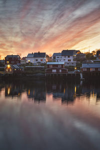 Reflection of buildings in water at sunset