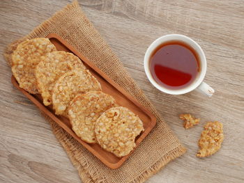 High angle view of breakfast on table