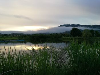 Scenic view of lake against cloudy sky