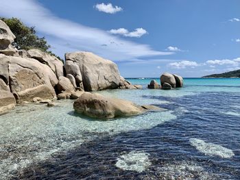 Rocks in sea against sky