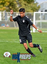 Young man playing soccer on field