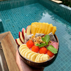 High angle view of food in plate on table