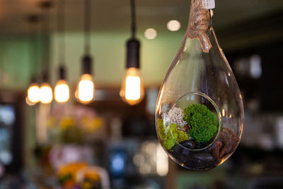 Close-up of illuminated light bulb hanging on table