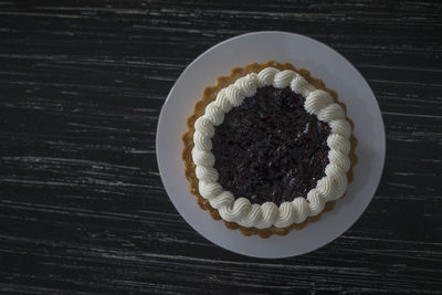 High angle view of cake in plate on table